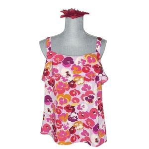 Cabi Style #5602 Woman Footloose Pansies Ruffle Floral Pink Cami Tank Top - M